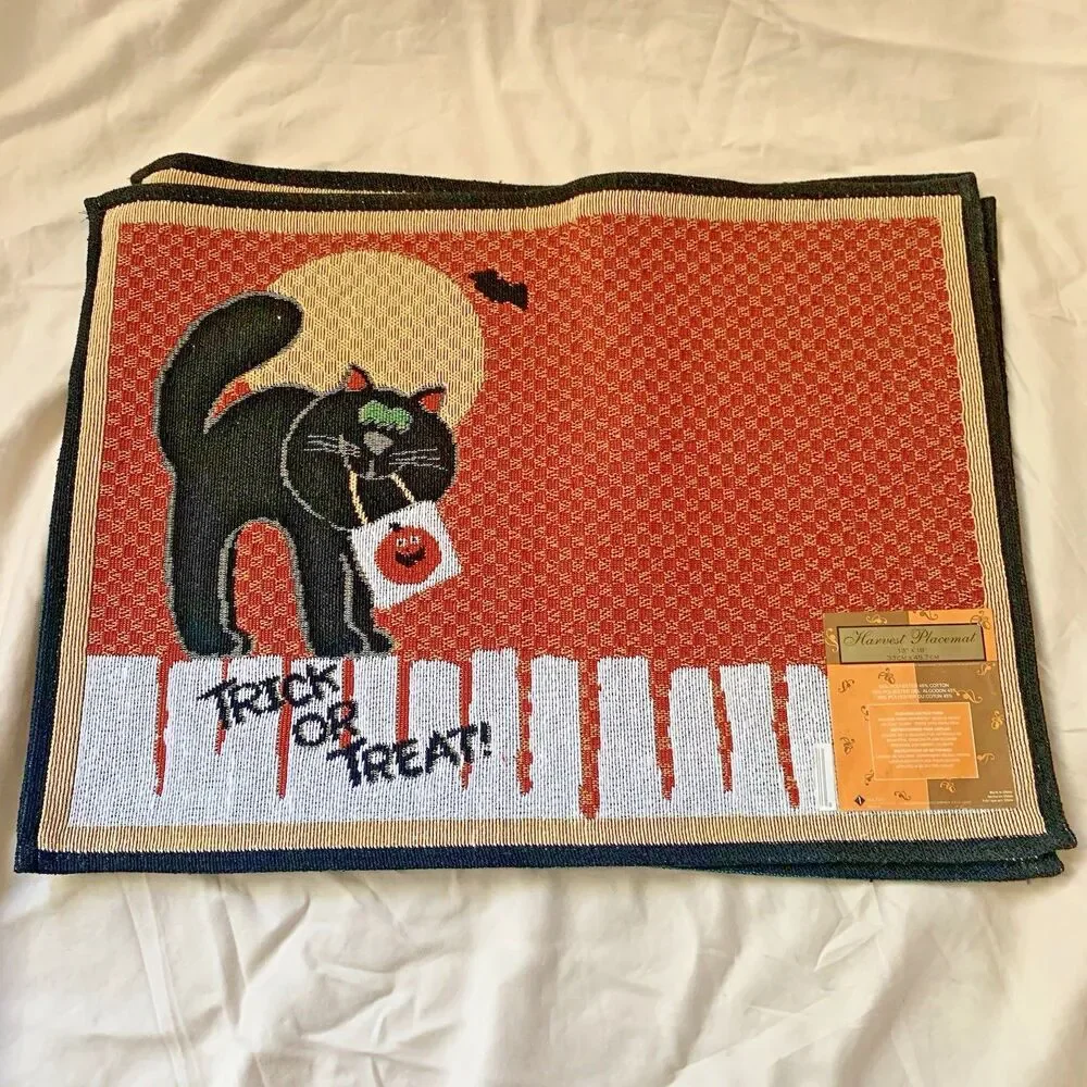Halloween Woven Tapestry Placements with Black Cat & words: Trick or Treat (4)